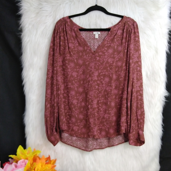 Hinge Brown and Pink Floral Pattern V Neck Long Sleeve Blouse Size 1 - Picture 2 of 10